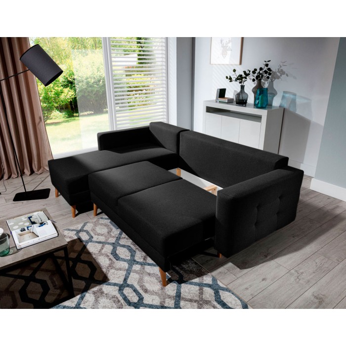 Canapé d’angle convertible HASGARD 3 places noir 248x162 cm – coffre et pieds bois