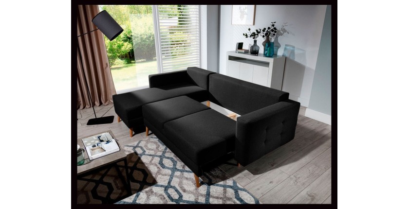 Canapé d’angle convertible HASGARD 3 places noir 248x162 cm – coffre et pieds bois