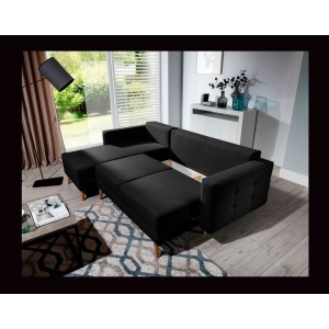 Canapé d’angle convertible HASGARD 3 places noir 248x162 cm – coffre et pieds bois