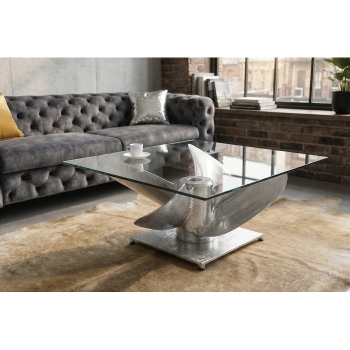 Couchtisch ALUMIA 85 cm aus gehärtetem Glas und Aluminium – Industriedesign mit Propellerfuß
