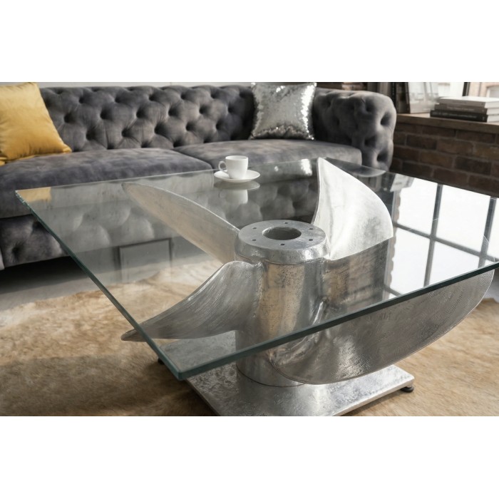 Couchtisch ALUMIA 85 cm aus gehärtetem Glas und Aluminium – Industriedesign mit Propellerfuß