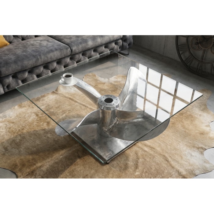 Couchtisch ALUMIA 85 cm aus gehärtetem Glas und Aluminium – Industriedesign mit Propellerfuß