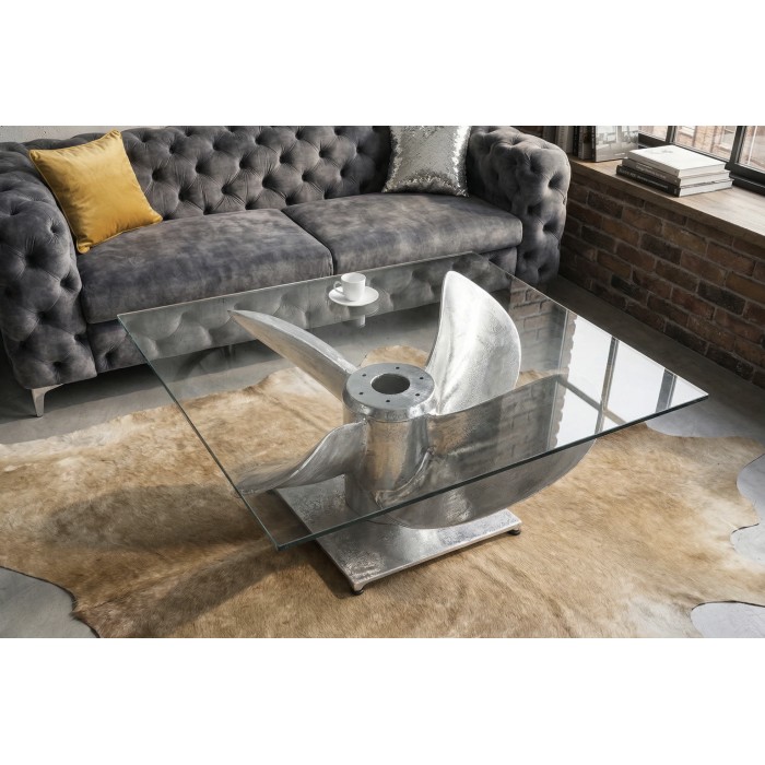 Couchtisch ALUMIA 85 cm aus gehärtetem Glas und Aluminium – Industriedesign mit Propellerfuß