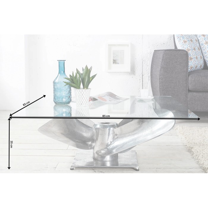 Couchtisch ALUMIA 85 cm aus gehärtetem Glas und Aluminium – Industriedesign mit Propellerfuß
