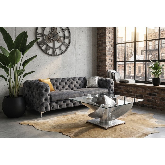 Couchtisch ALUMIA 85 cm aus gehärtetem Glas und Aluminium – Industriedesign mit Propellerfuß