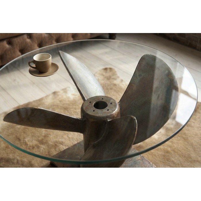 Lage salontafel ALUMIA rond 60 cm gehard glas en aluminium koperen afwerking – industrieel ontwerp helix