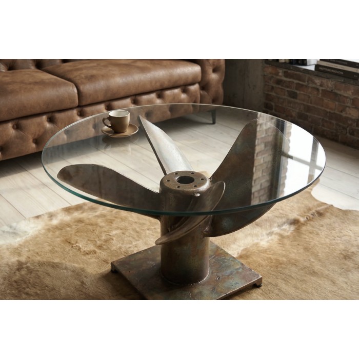 Lage salontafel ALUMIA rond 60 cm gehard glas en aluminium koperen afwerking – industrieel ontwerp helix
