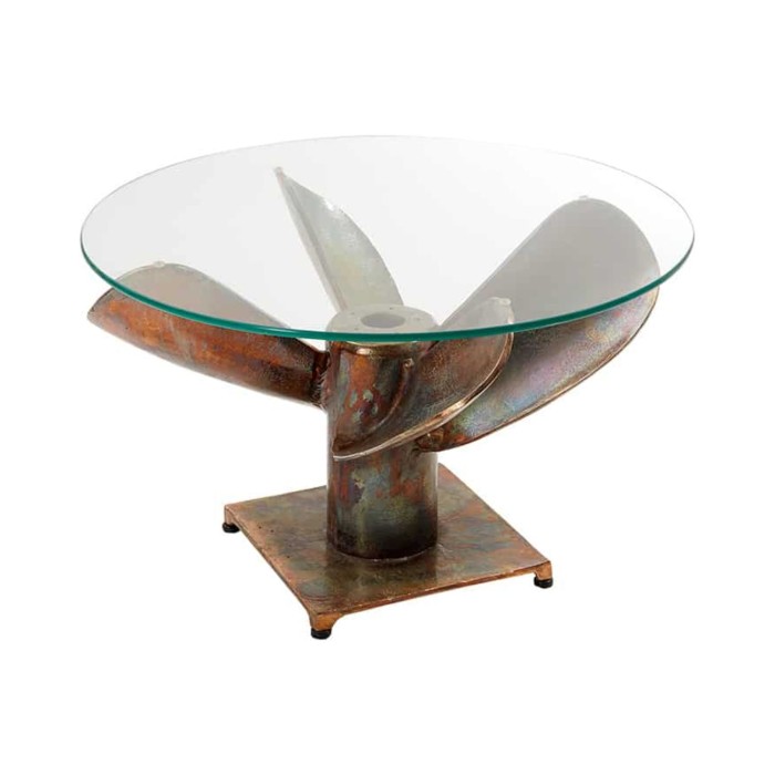 Lage salontafel ALUMIA rond 60 cm gehard glas en aluminium koperen afwerking – industrieel ontwerp helix