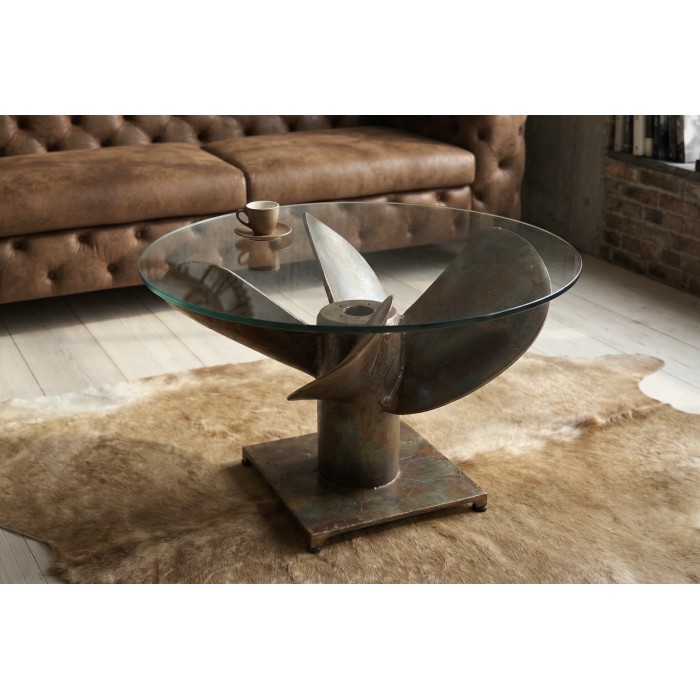 Mesa baja ALUMIA redonda 70 cm vidrio templado y aluminio acabado cobre – diseño industrial hélice
