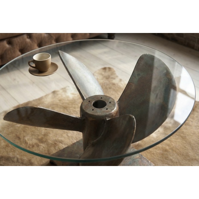 Mesa baja ALUMIA redonda 70 cm vidrio templado y aluminio acabado cobre – diseño industrial hélice