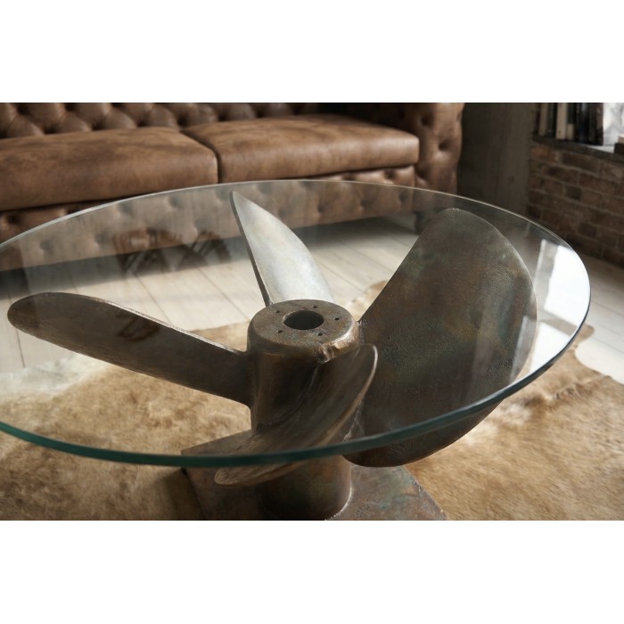 Mesa baja ALUMIA redonda 70 cm vidrio templado y aluminio acabado cobre – diseño industrial hélice