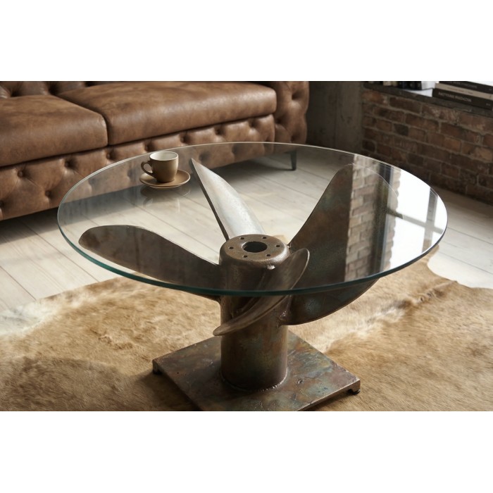 Mesa baja ALUMIA redonda 70 cm vidrio templado y aluminio acabado cobre – diseño industrial hélice
