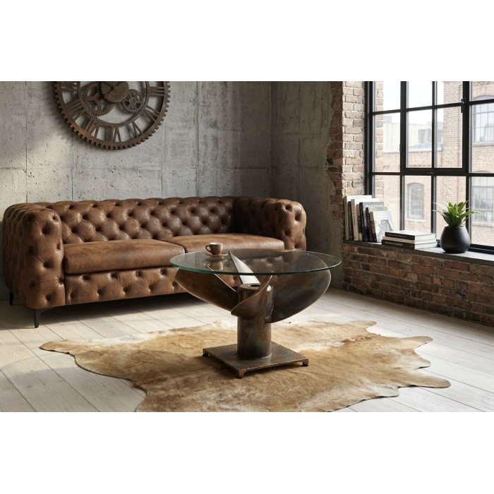 Mesa baja ALUMIA redonda 70 cm vidrio templado y aluminio acabado cobre – diseño industrial hélice