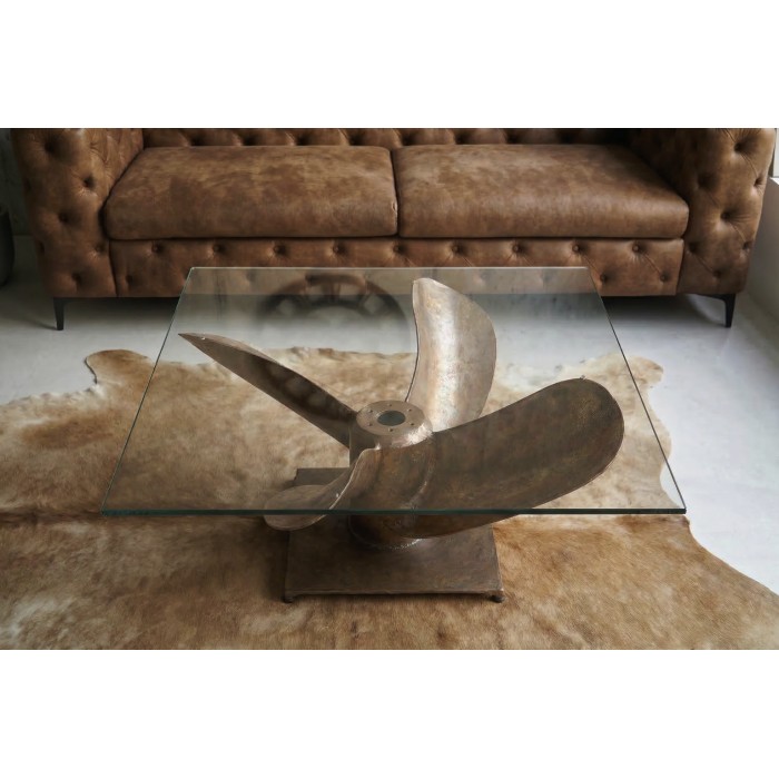 Glas Couchtisch ALUMIA quadratisch 85 cm aus gehärtetem Glas und Aluminium in Kupferoptik – Industriedesign mit Propellerfuß