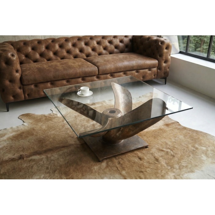 Glas Couchtisch ALUMIA quadratisch 85 cm aus gehärtetem Glas und Aluminium in Kupferoptik – Industriedesign mit Propellerfuß