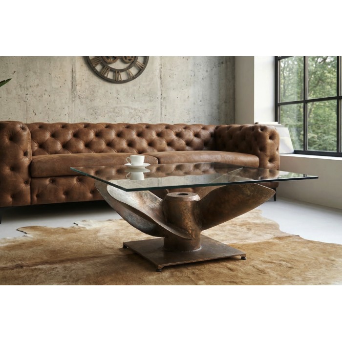 Glas Couchtisch ALUMIA quadratisch 85 cm aus gehärtetem Glas und Aluminium in Kupferoptik – Industriedesign mit Propellerfuß