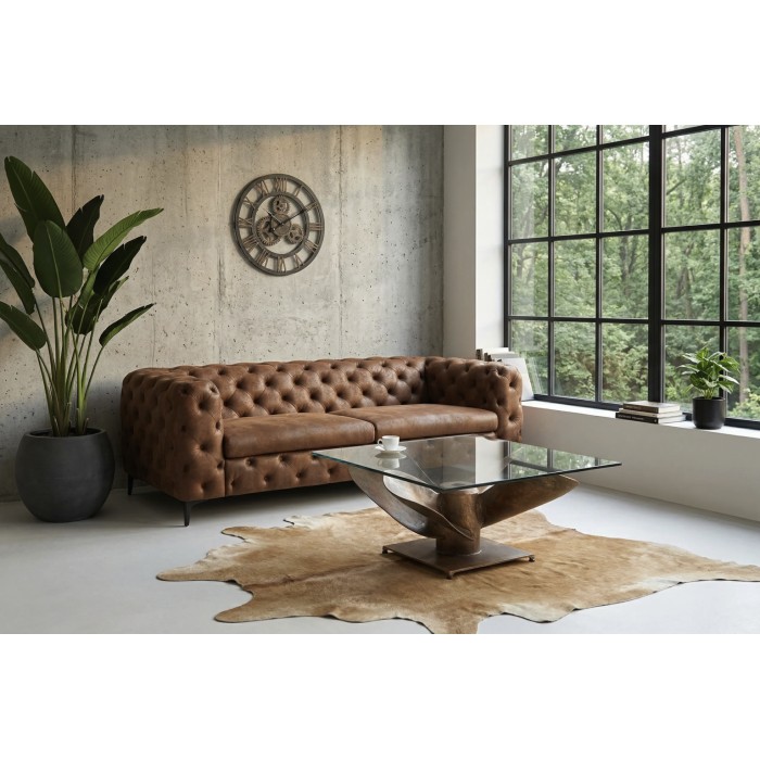 Glas Couchtisch ALUMIA quadratisch 85 cm aus gehärtetem Glas und Aluminium in Kupferoptik – Industriedesign mit Propellerfuß
