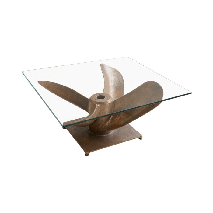 Glas Couchtisch ALUMIA quadratisch 85 cm aus gehärtetem Glas und Aluminium in Kupferoptik – Industriedesign mit Propellerfuß