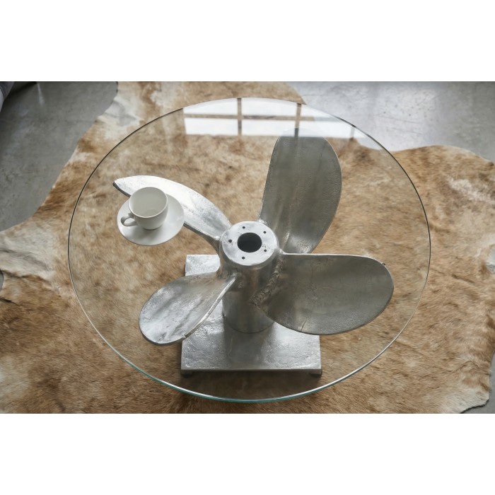 Couchtisch ALUMIA rund 60 cm Aluminium silber und gehärtetes Glas – industrielles Design mit Propellerfuß