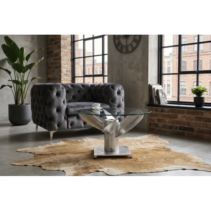 Couchtisch ALUMIA rund 60 cm Aluminium silber und gehärtetes Glas – industrielles Design mit Propellerfuß