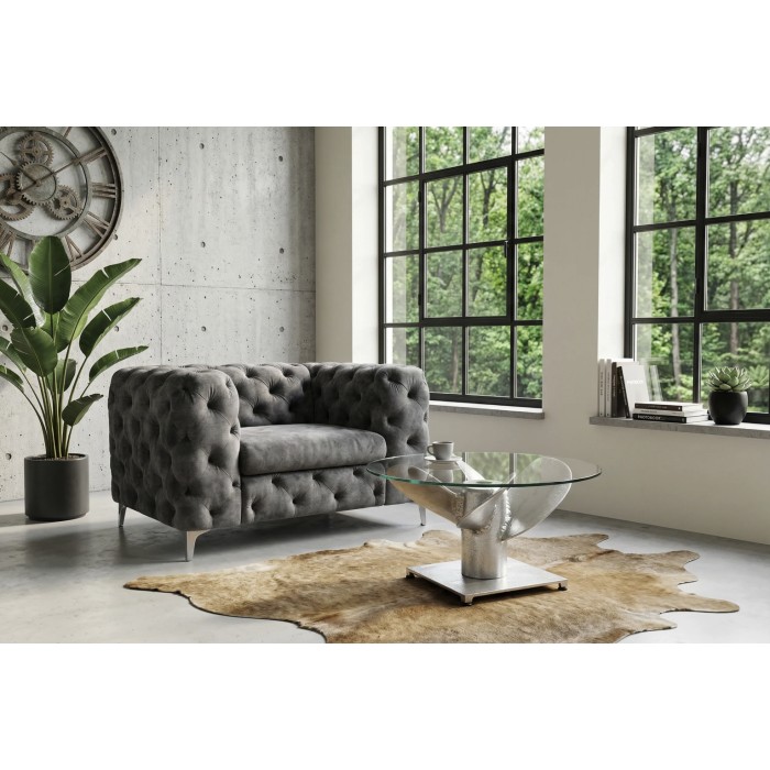 Couchtisch ALUMIA rund 60 cm Aluminium silber und gehärtetes Glas – industrielles Design mit Propellerfuß