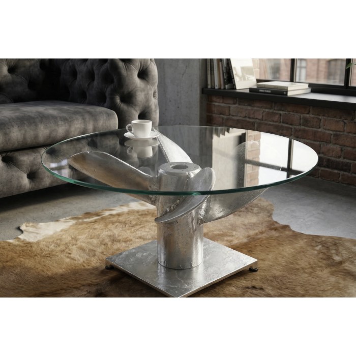 Couchtisch ALUMIA rund 60 cm Aluminium silber und gehärtetes Glas – industrielles Design mit Propellerfuß
