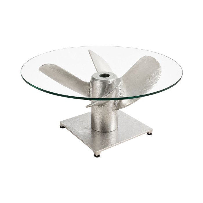 Couchtisch ALUMIA rund 60 cm Aluminium silber und gehärtetes Glas – industrielles Design mit Propellerfuß