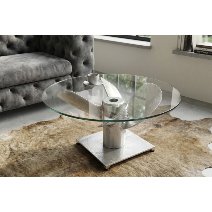 Mesa baja ALUMIA redonda 70 cm aluminio plateado y vidrio templado – diseño industrial pie hélice