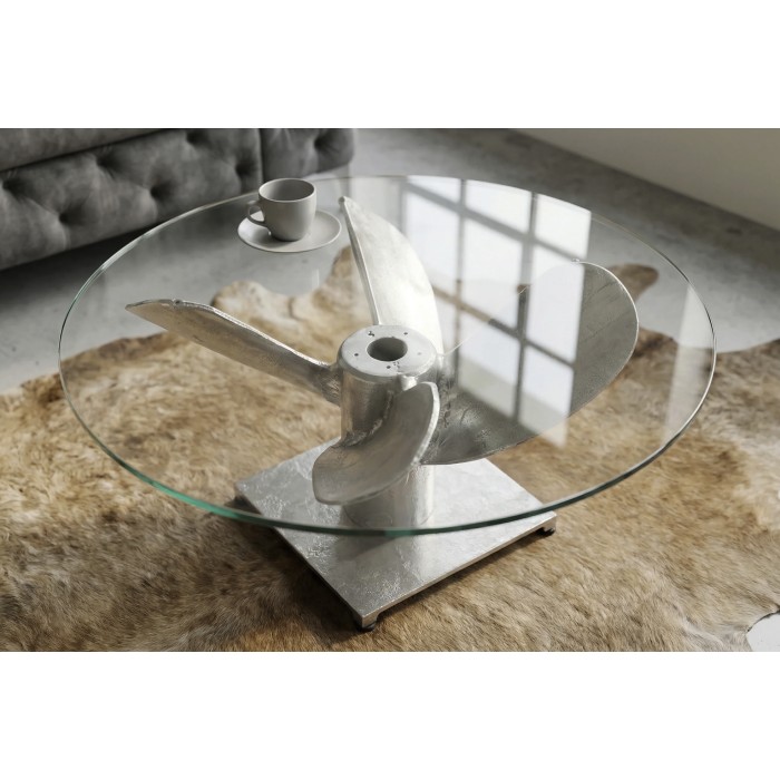 Mesa baja ALUMIA redonda 70 cm aluminio plateado y vidrio templado – diseño industrial pie hélice