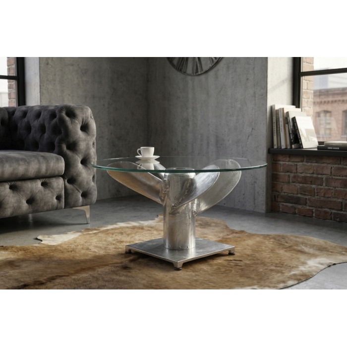 Mesa baja ALUMIA redonda 70 cm aluminio plateado y vidrio templado – diseño industrial pie hélice
