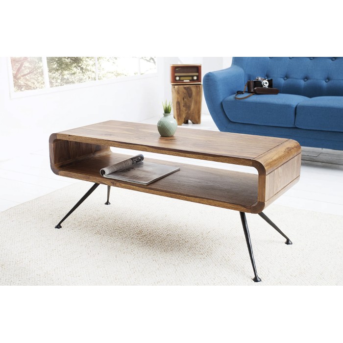 Couchtisch RETROVA 100 cm aus lackiertem Sheeshamholz mit schwarzen Metallbeinen und Stauraum