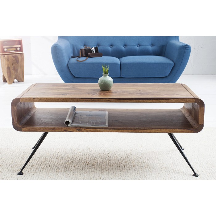 Couchtisch RETROVA 100 cm aus lackiertem Sheeshamholz mit schwarzen Metallbeinen und Stauraum