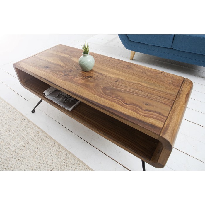 Couchtisch RETROVA 100 cm aus lackiertem Sheeshamholz mit schwarzen Metallbeinen und Stauraum