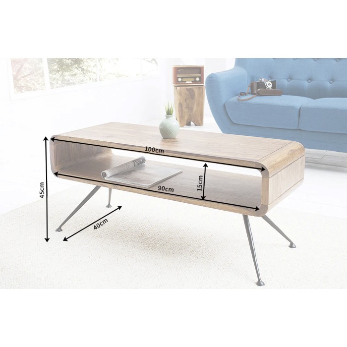 Couchtisch RETROVA 100 cm aus lackiertem Sheeshamholz mit schwarzen Metallbeinen und Stauraum