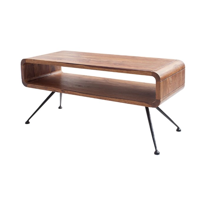 Couchtisch RETROVA 100 cm aus lackiertem Sheeshamholz mit schwarzen Metallbeinen und Stauraum