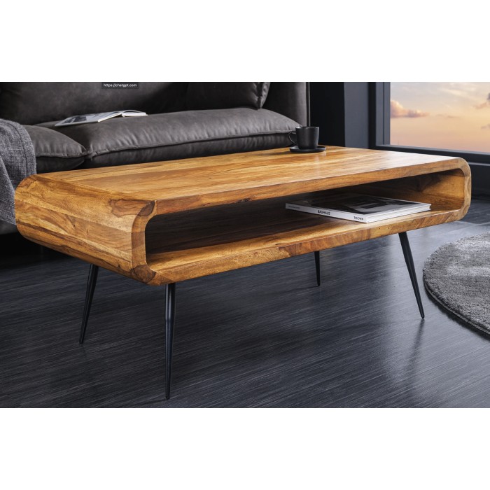 Couchtisch RETROVA 90 cm aus lackiertem Sheeshamholz mit schwarzen Metallbeinen und offener Nische