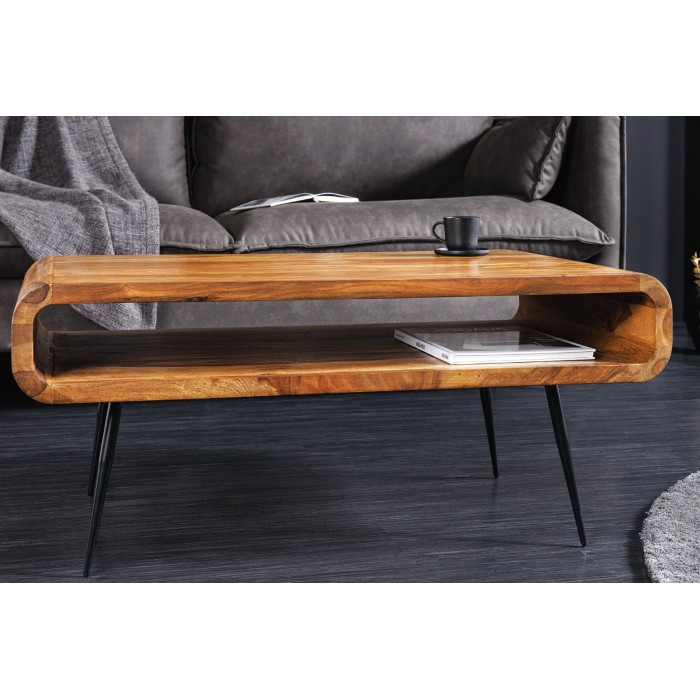 Couchtisch RETROVA 90 cm aus lackiertem Sheeshamholz mit schwarzen Metallbeinen und offener Nische