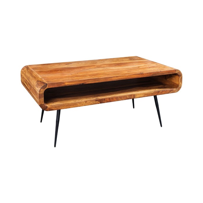 Couchtisch RETROVA 90 cm aus lackiertem Sheeshamholz mit schwarzen Metallbeinen und offener Nische