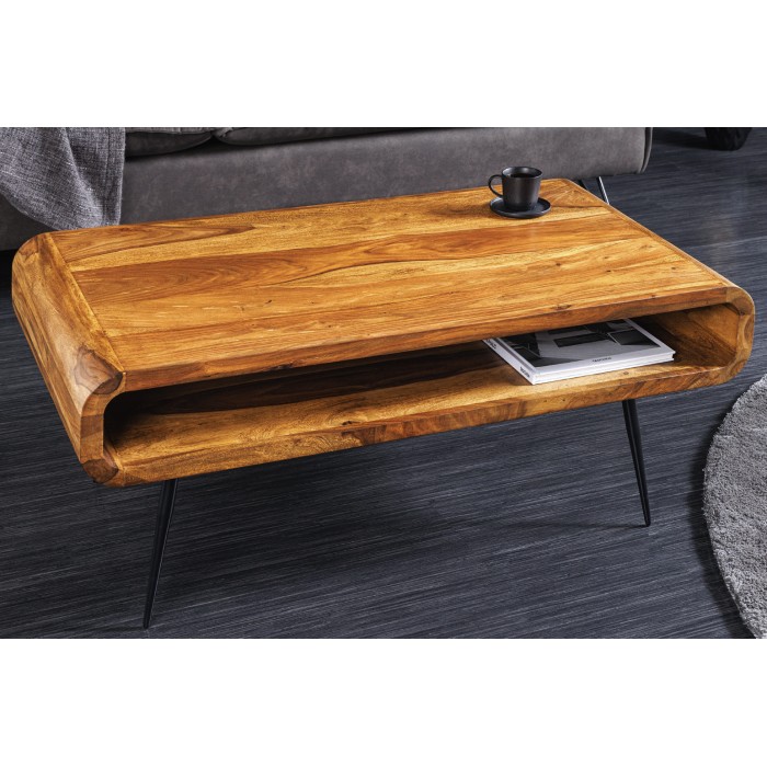 Couchtisch RETROVA 90 cm aus lackiertem Sheeshamholz mit schwarzen Metallbeinen und offener Nische
