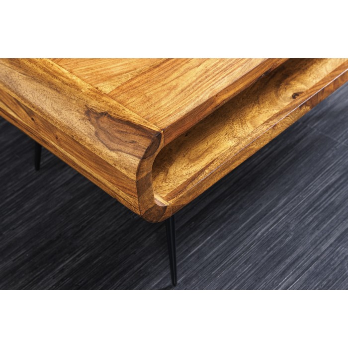 Couchtisch RETROVA 90 cm aus lackiertem Sheeshamholz mit schwarzen Metallbeinen und offener Nische