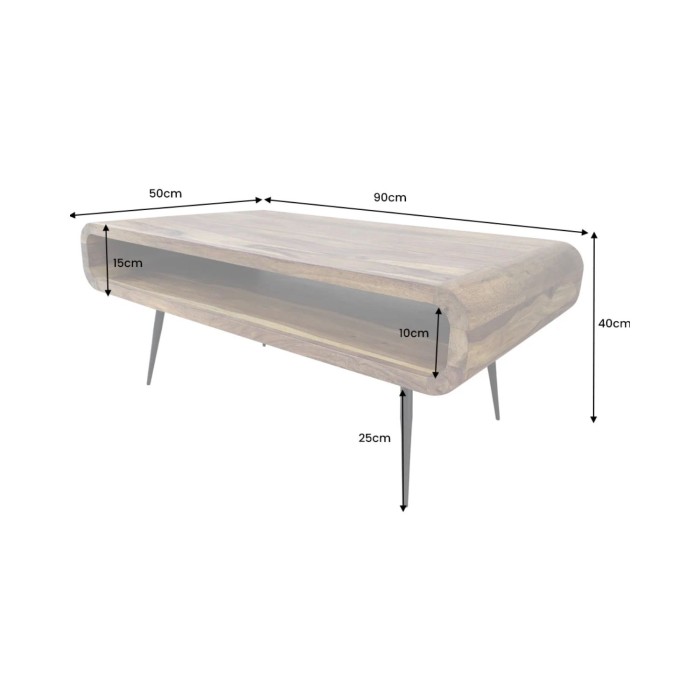 Couchtisch RETROVA 90 cm aus lackiertem Sheeshamholz mit schwarzen Metallbeinen und offener Nische