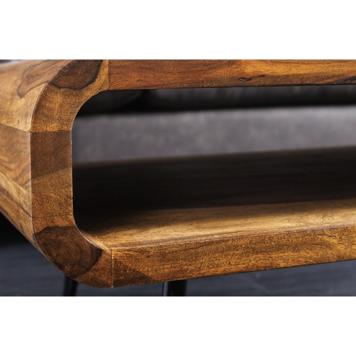 Couchtisch RETROVA 90 cm aus lackiertem Sheeshamholz mit schwarzen Metallbeinen und offener Nische