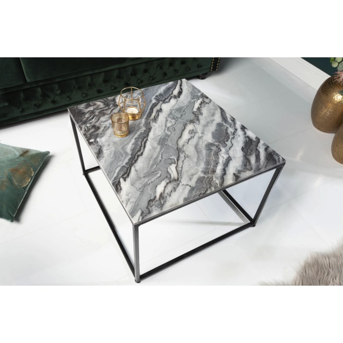 Produktbeschreibung   Couchtisch VORTEX 50 cm aus poliertem grauem Marmor mit schwarzer Metallstruktur