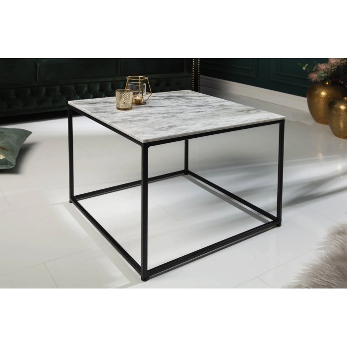 Couchtisch VORTEX 50 cm aus poliertem weißem Marmor mit schwarzer Metallstruktur