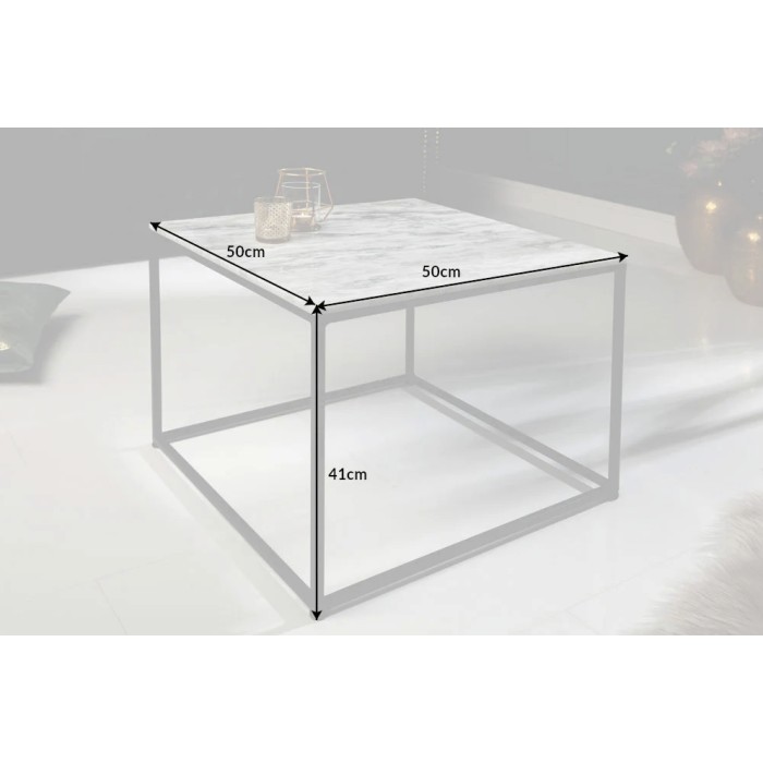 Couchtisch VORTEX 50 cm aus poliertem weißem Marmor mit schwarzer Metallstruktur