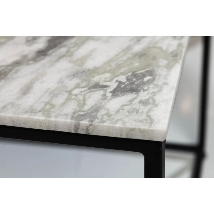 Couchtisch VORTEX 50 cm aus poliertem weißem Marmor mit schwarzer Metallstruktur