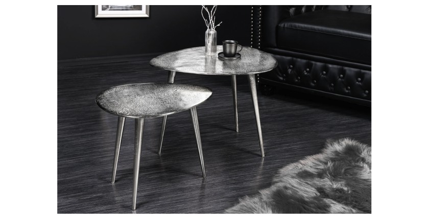 Tables basses gigognes argentées VORTEX vues de face