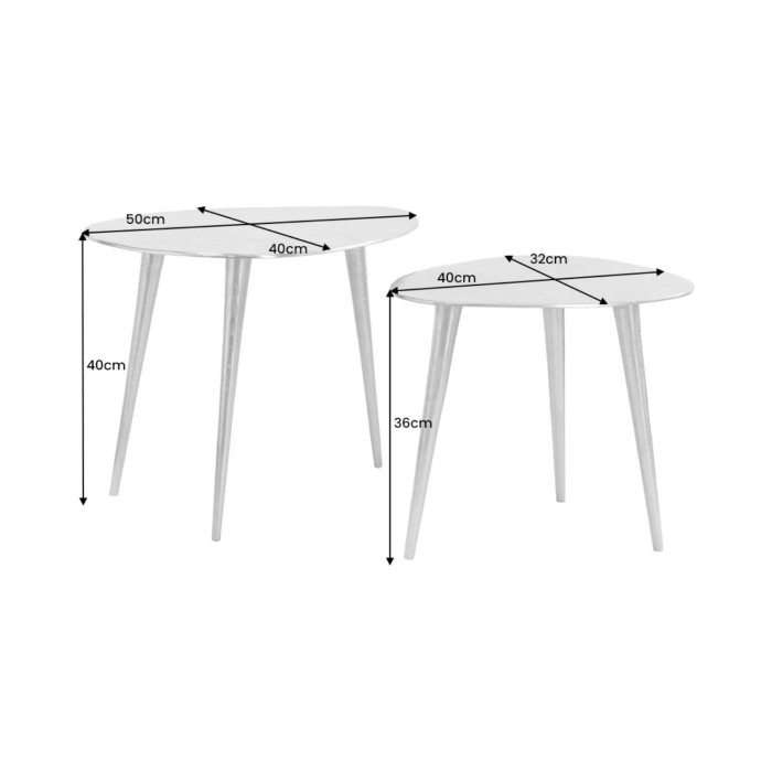 Niedrige Beistelltische VORTEX in Silber aus Aluminium - 2er Set asymmetrisch gestalteter Tische