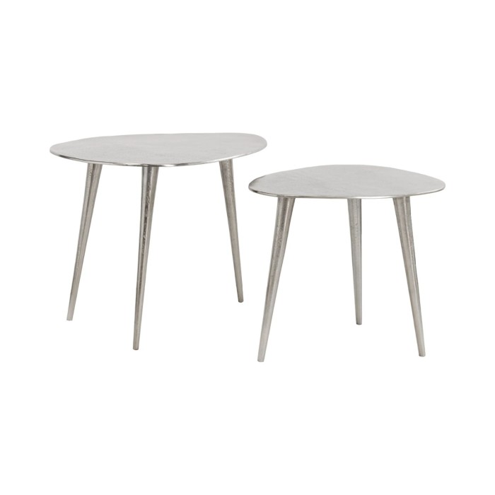 Niedrige Beistelltische VORTEX in Silber aus Aluminium - 2er Set asymmetrisch gestalteter Tische