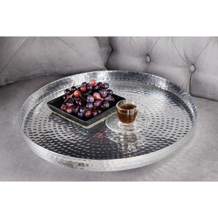 Niedrige Beistelltische VORTEX in Silber, Aluminium – 2er Set runde Tische im gehämmerten Design
